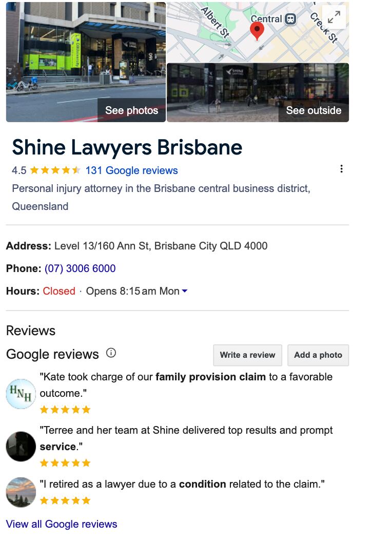 7 Free and Beginner-Friendly Small Business SEO Tools | Example of Google Business listing from Shine Lawyers in Brisbane.