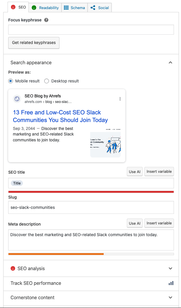 7 Free and Beginner-Friendly Small Business SEO Tools | Example of SEO functionality that Yoast make available to small business owners for free.