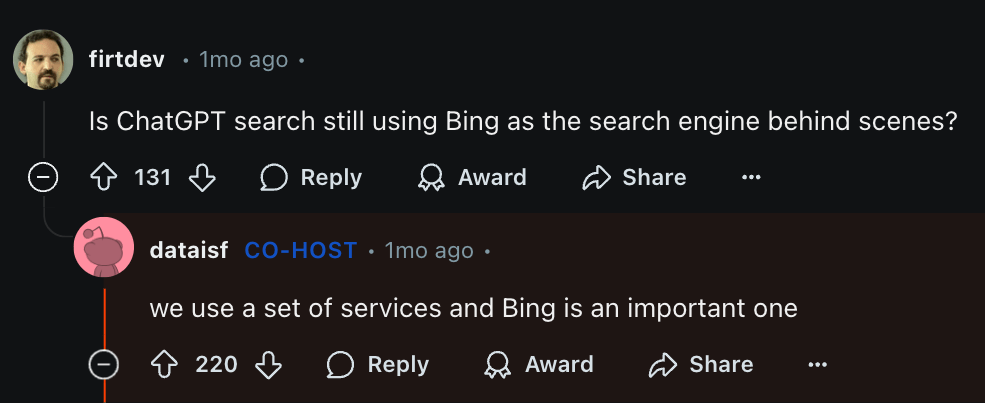 7 Free and Beginner-Friendly Small Business SEO Tools | Screenshot of Reddit AMA where OpenAi's leadership confirmed Bing is an important data source for ChatGPT's search engine.