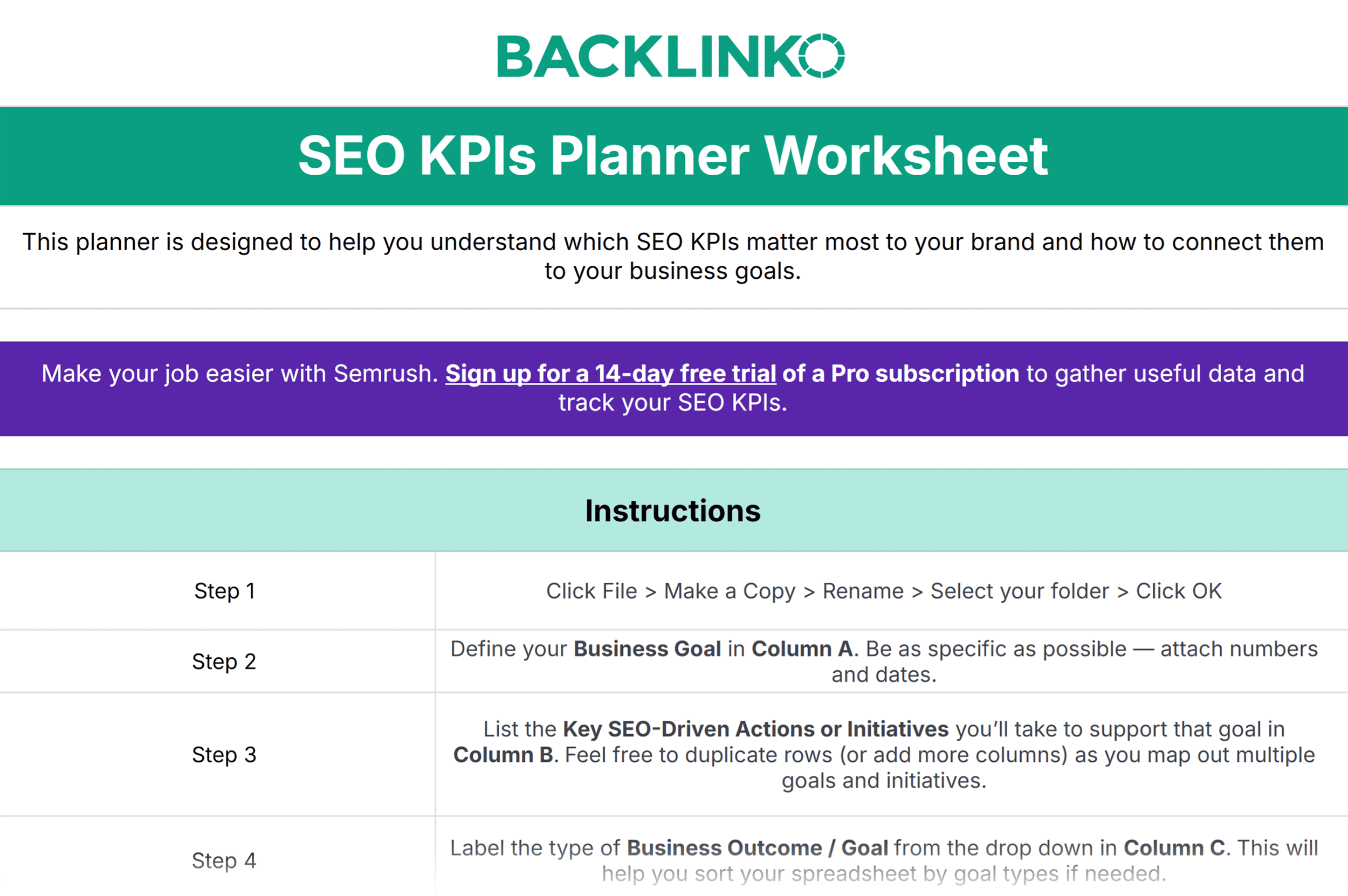Backlinko – SEO KPIs Planner Worksheet Backlinko – SEO KPIs Planner Worksheet