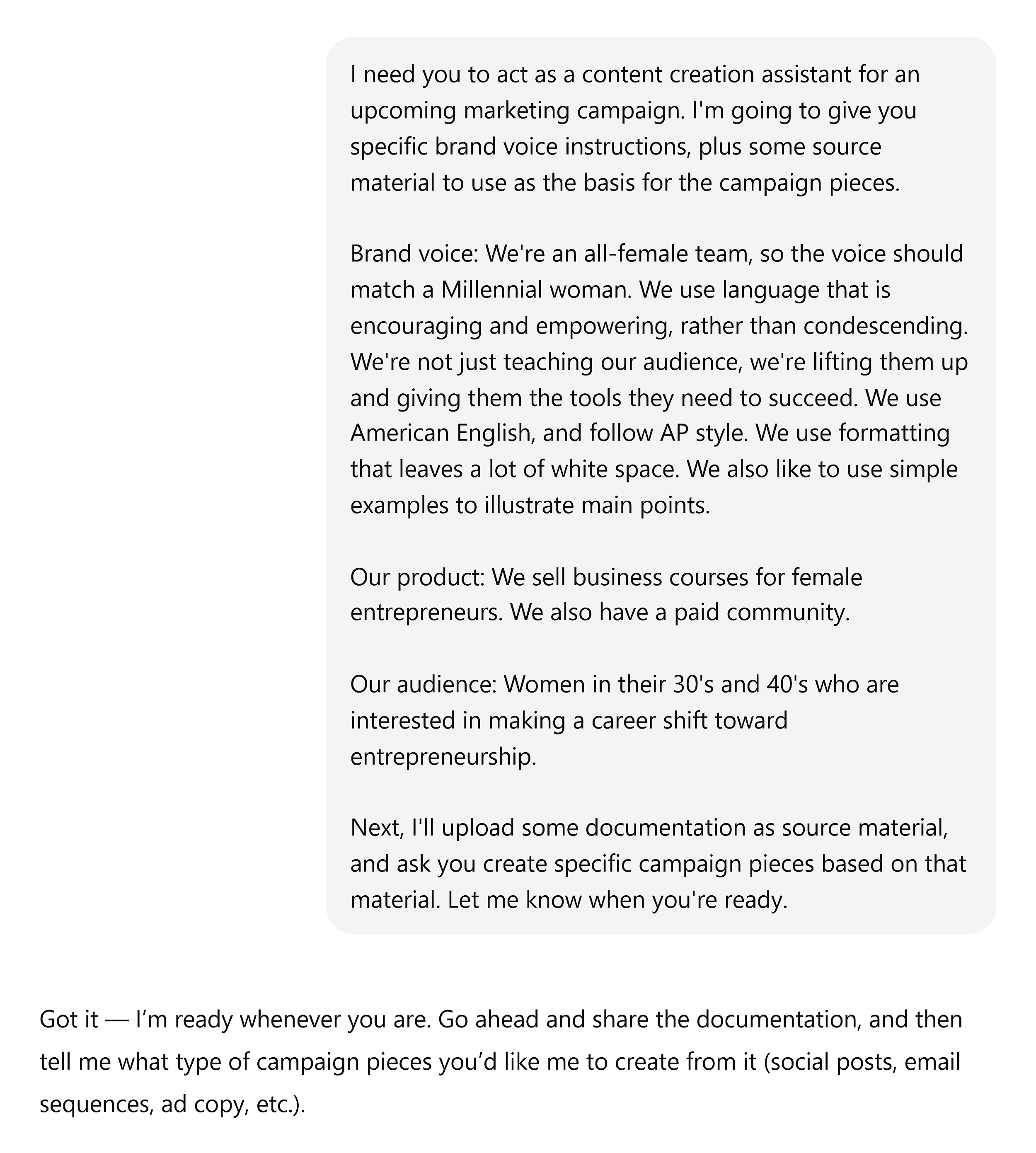 ChatGPT – Turn long documentation into campaign content