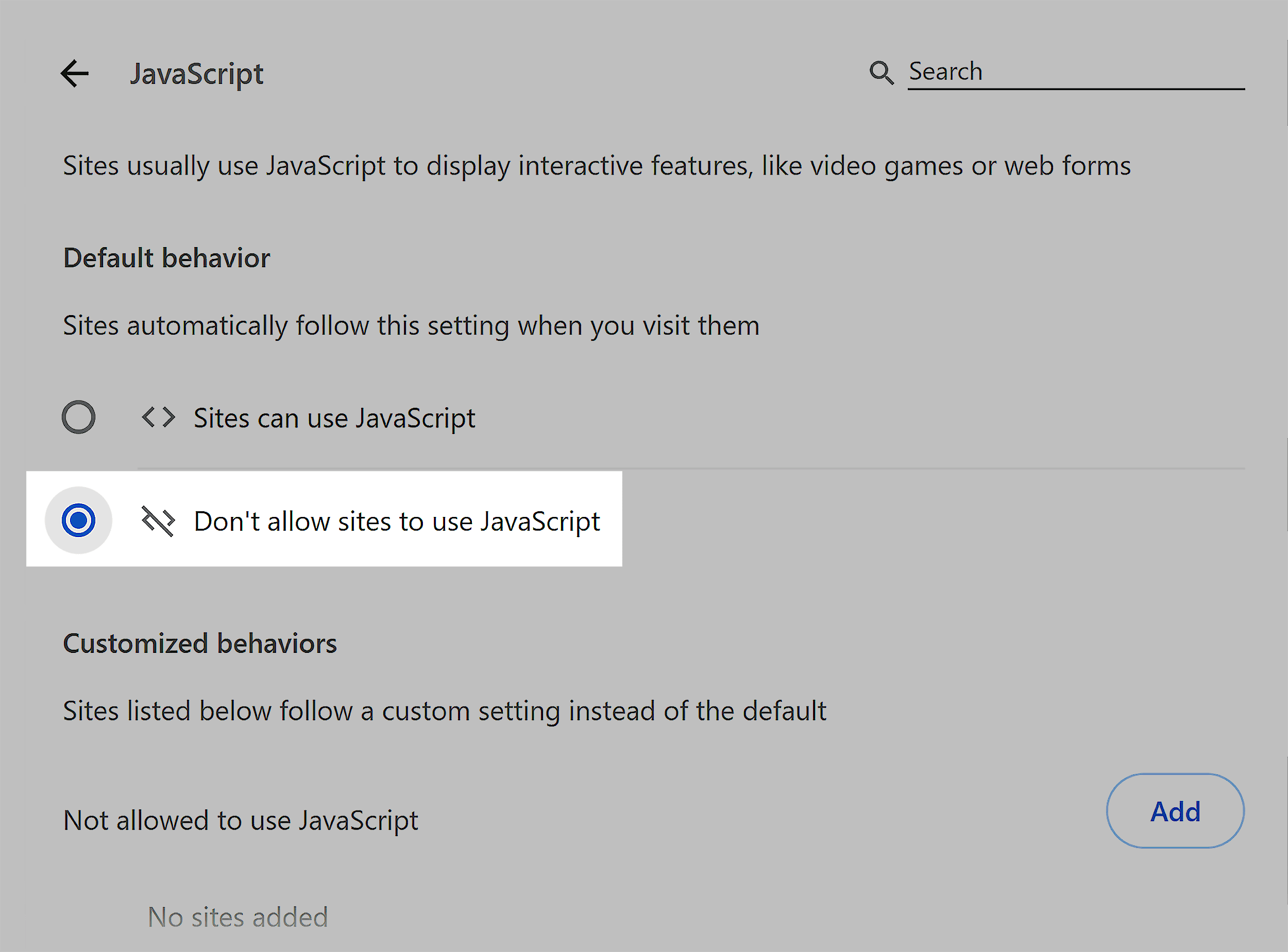 Chrome – Settings – Content – JavaScript behavior