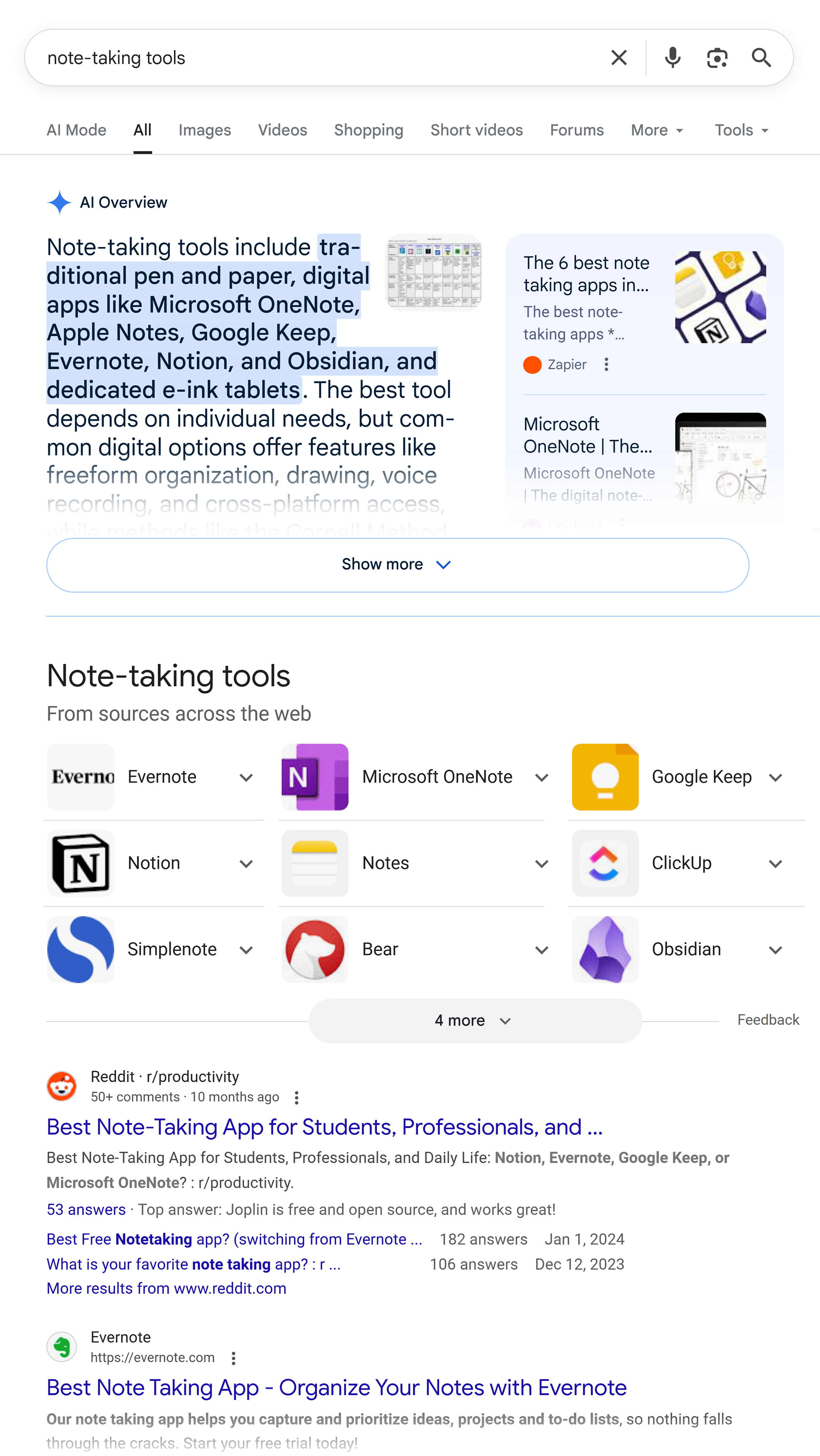 Google SERP – Note-taking tools