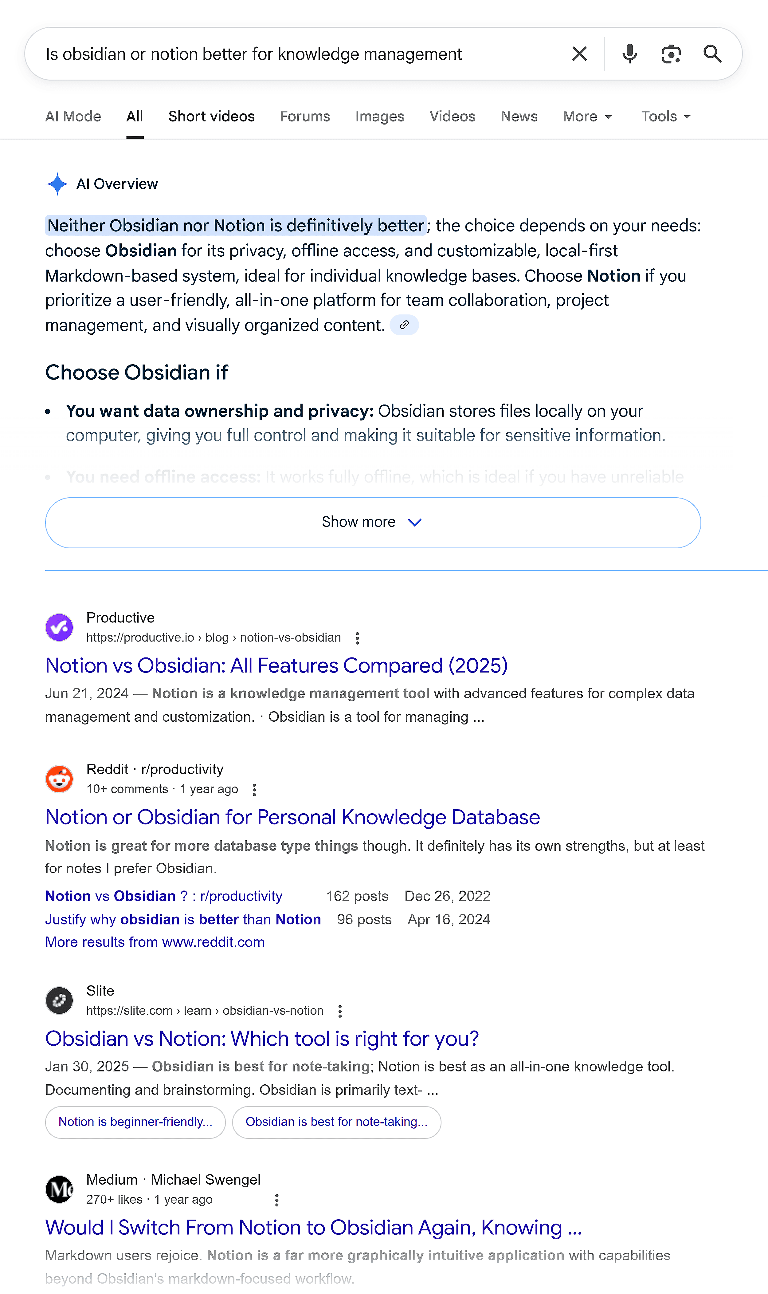 Google SERP – Obsidian or Notion