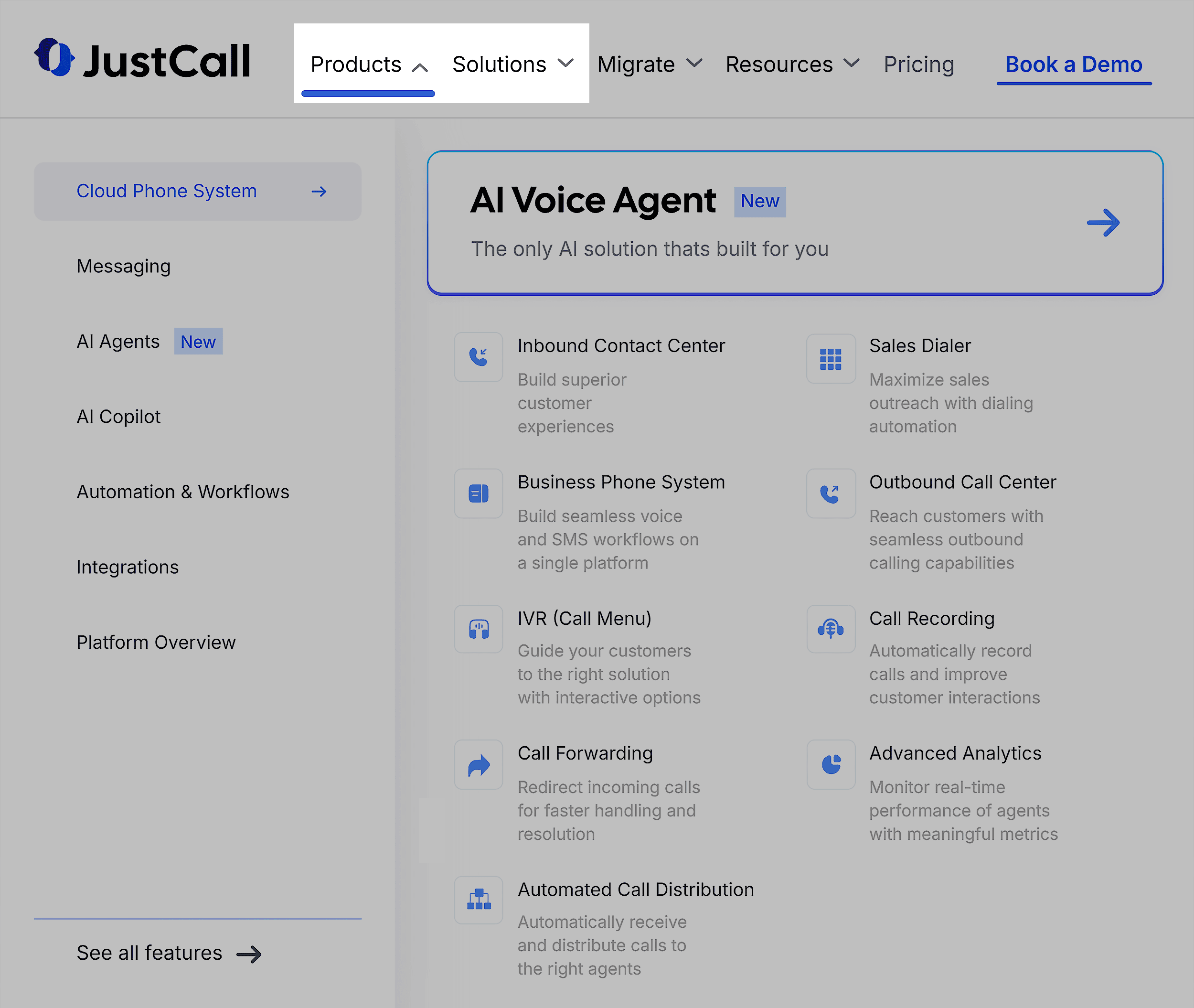 JustCall – Products & Solutions menu