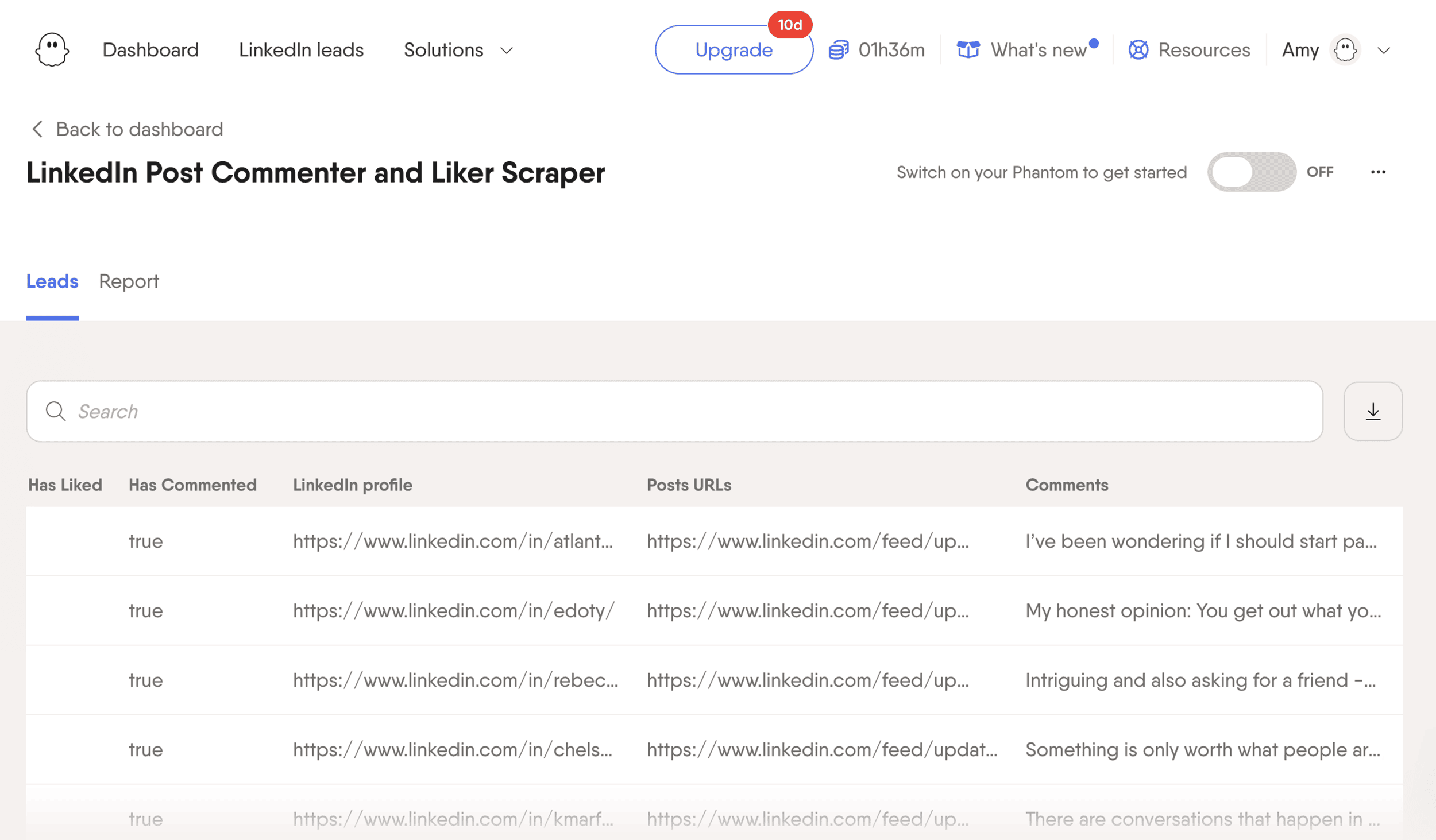 PhantomBuster – Recent LinkedIn comments – Filtered