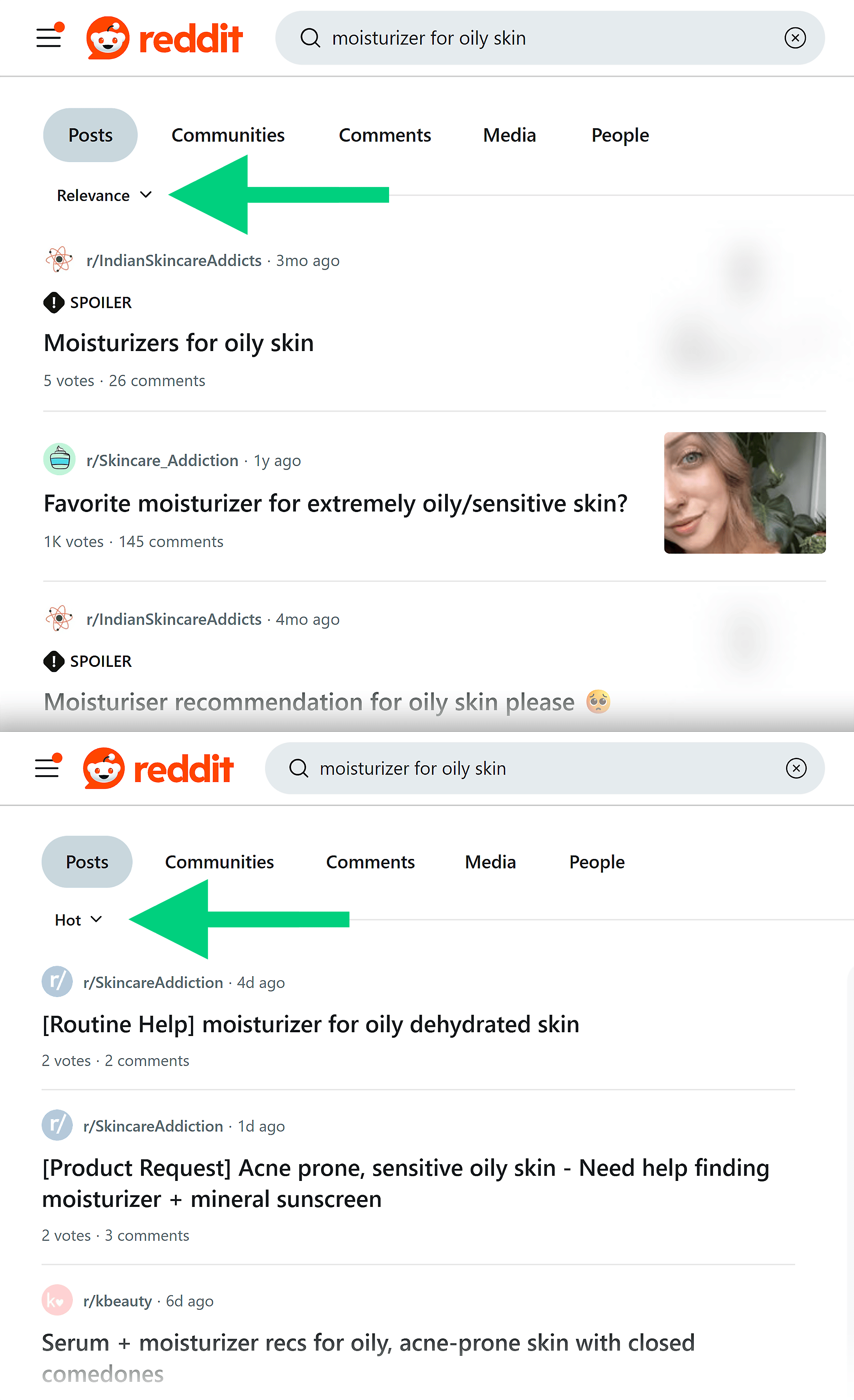 Reddit – Filter – Relevance vs. Hot