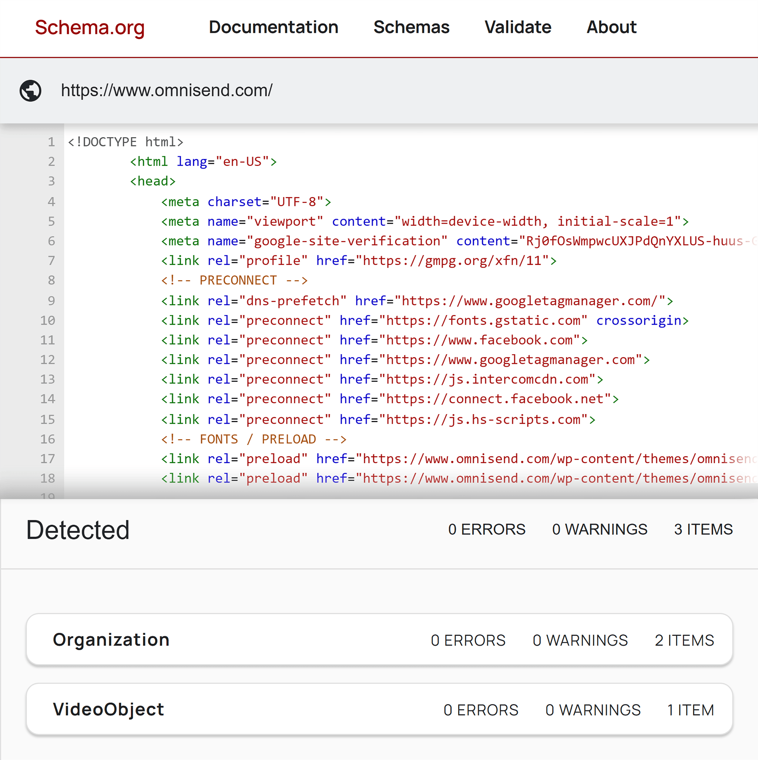 Schema Markup Validator – Omnisend's homepage