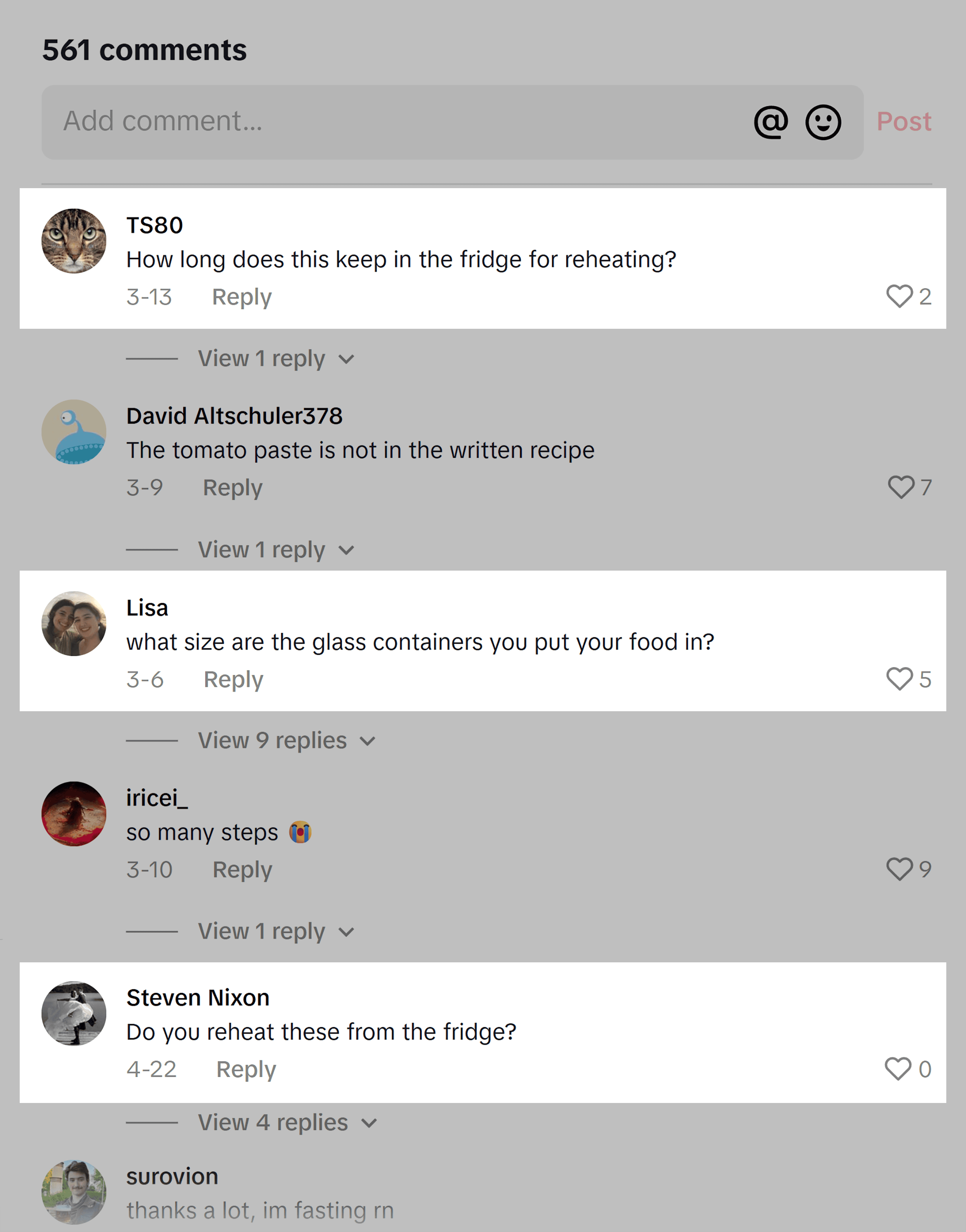 TikTok – Recipe comments – Questions