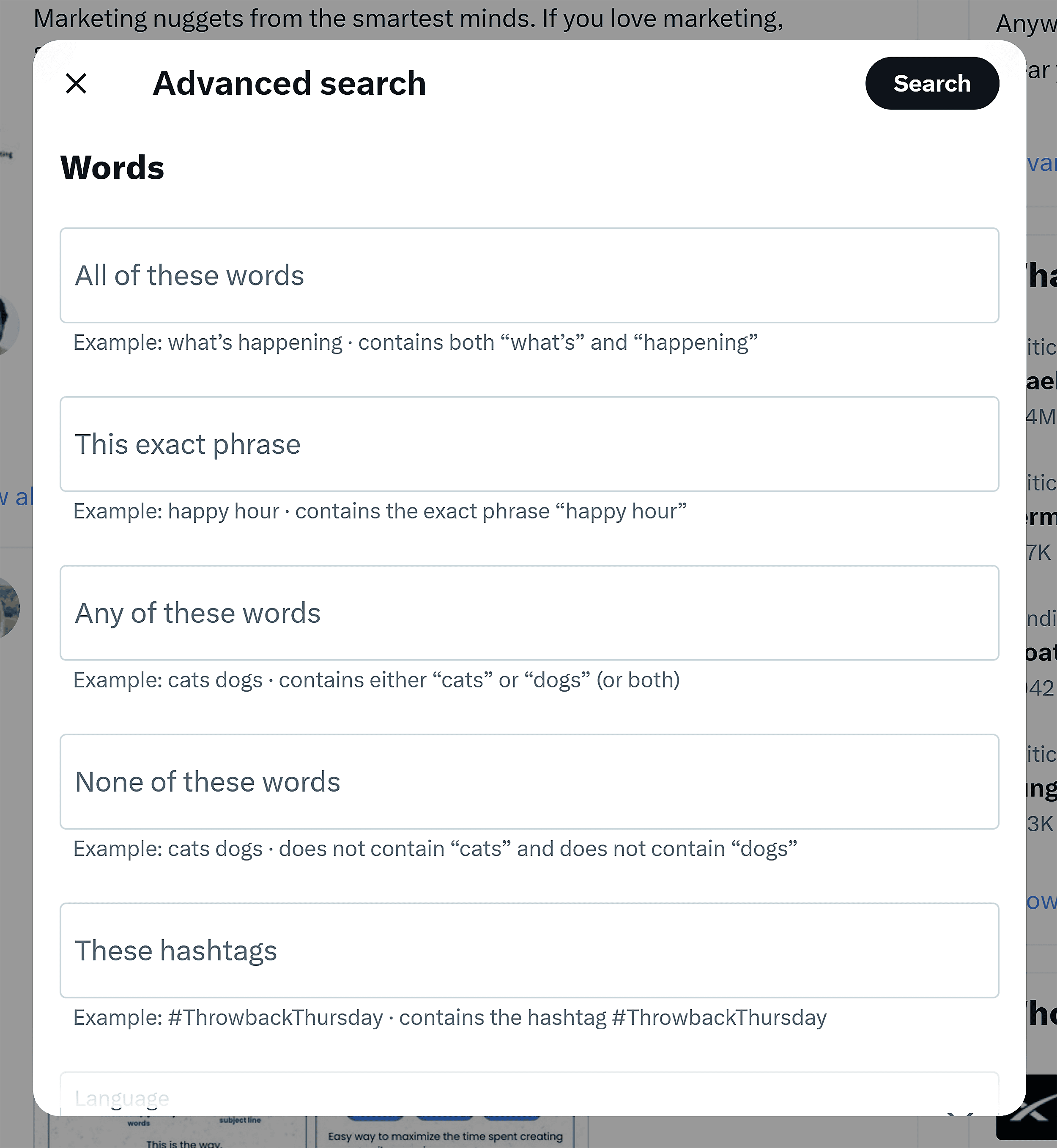 X – Advanced search options