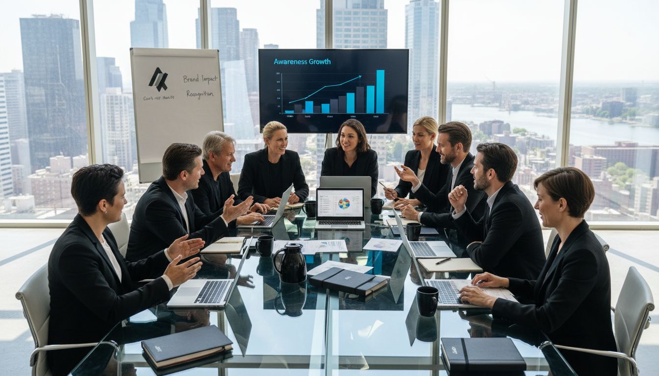 Team strategizing brand awareness in boardroom