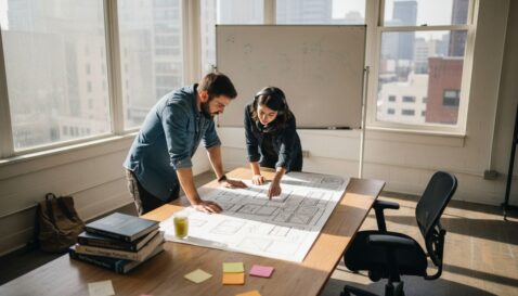 Web designers planning at studio table