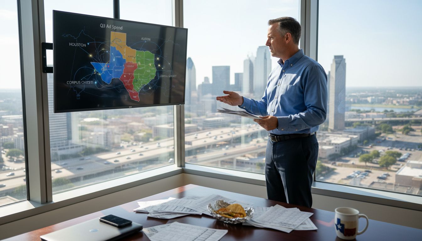 Marketing manager in Texas office reviewing media plans