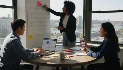 Team planning social media schedule in bright office