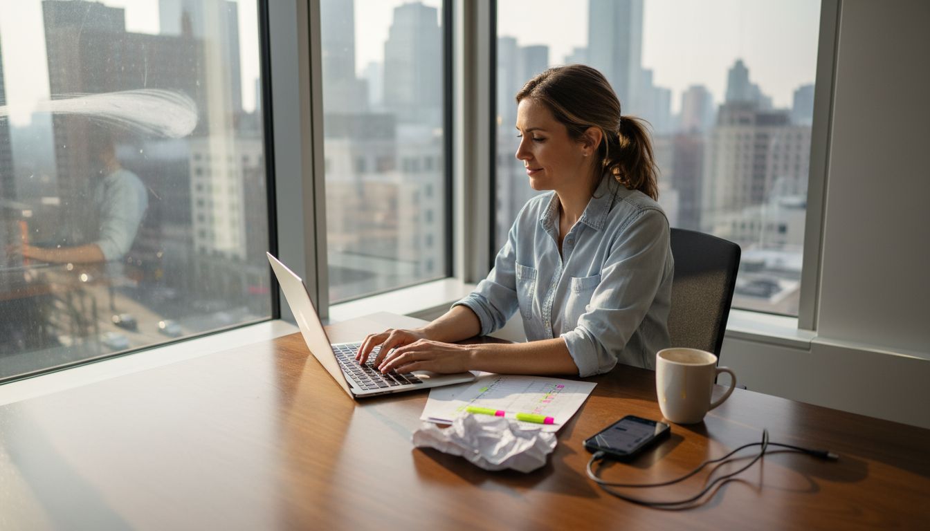 Woman working on email marketing checklist at desk