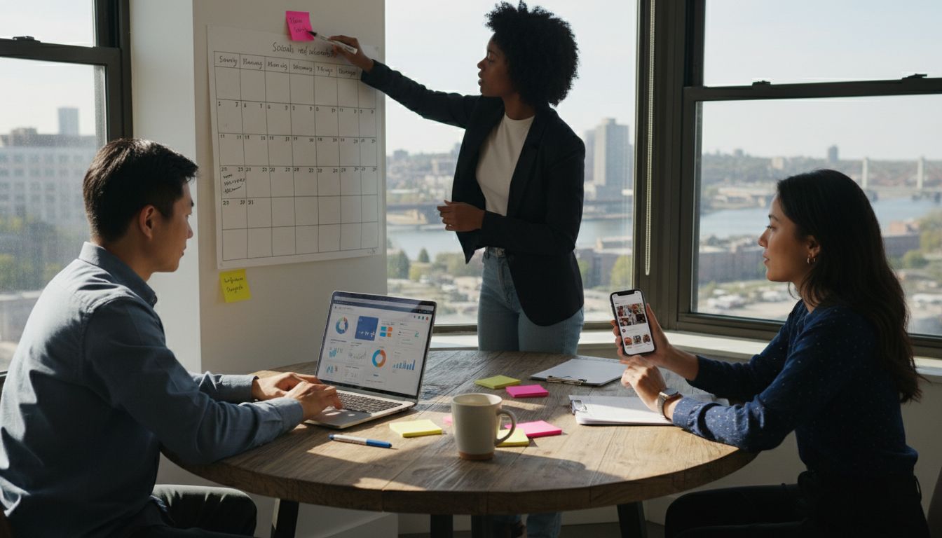 Team planning social media schedule in bright office