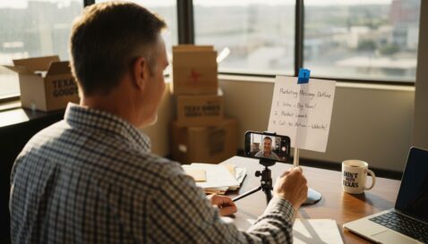 Texas business owner prepares video marketing in office