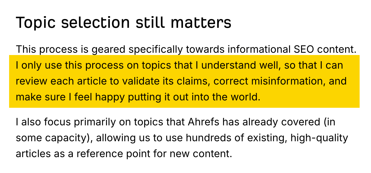 Text excerpt: "Topic selection still matters." A section is highlighted yellow: "I only use this process on topics that I understand well..."