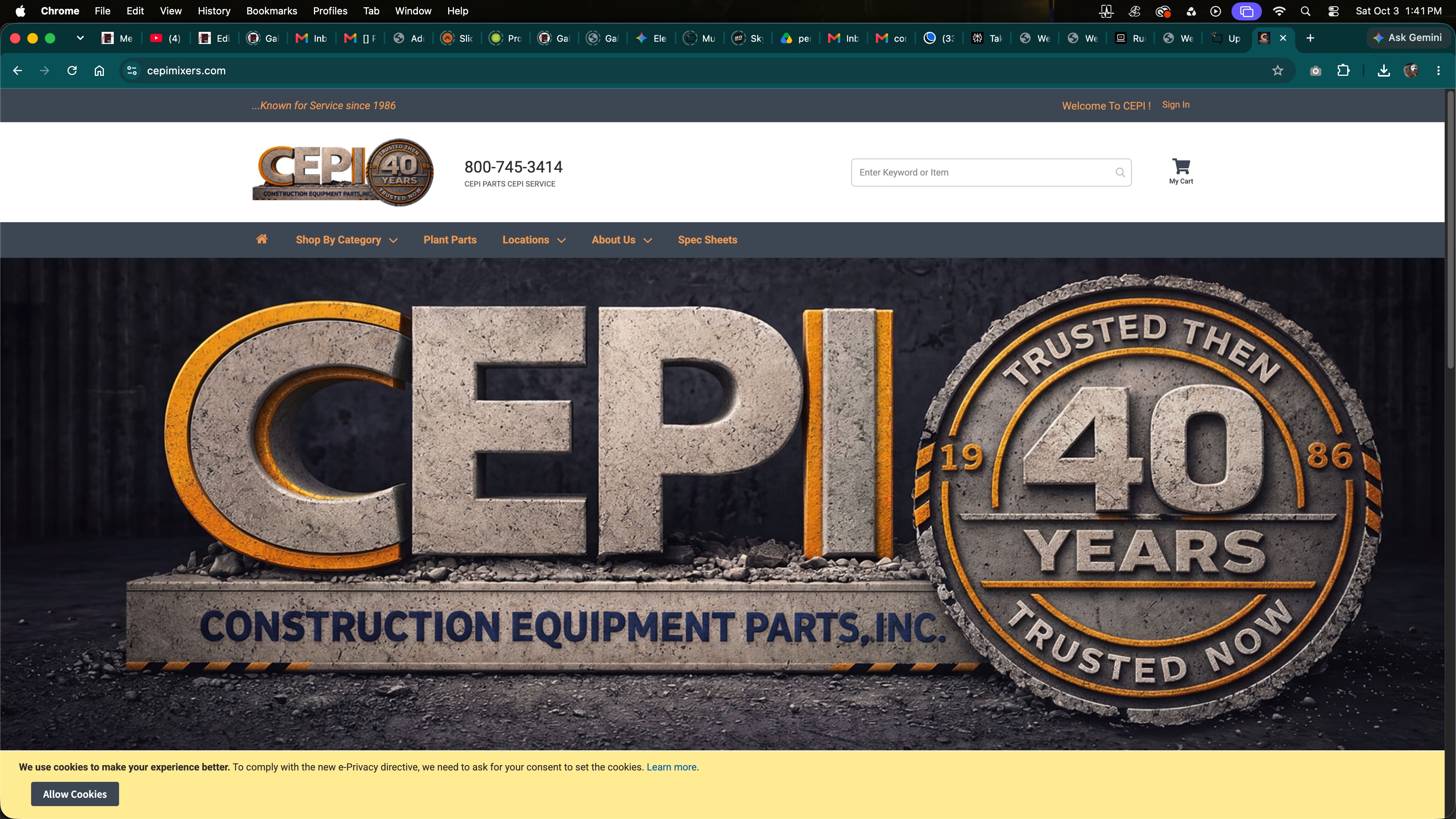 CEPI Construction Equipment Parts website homepage