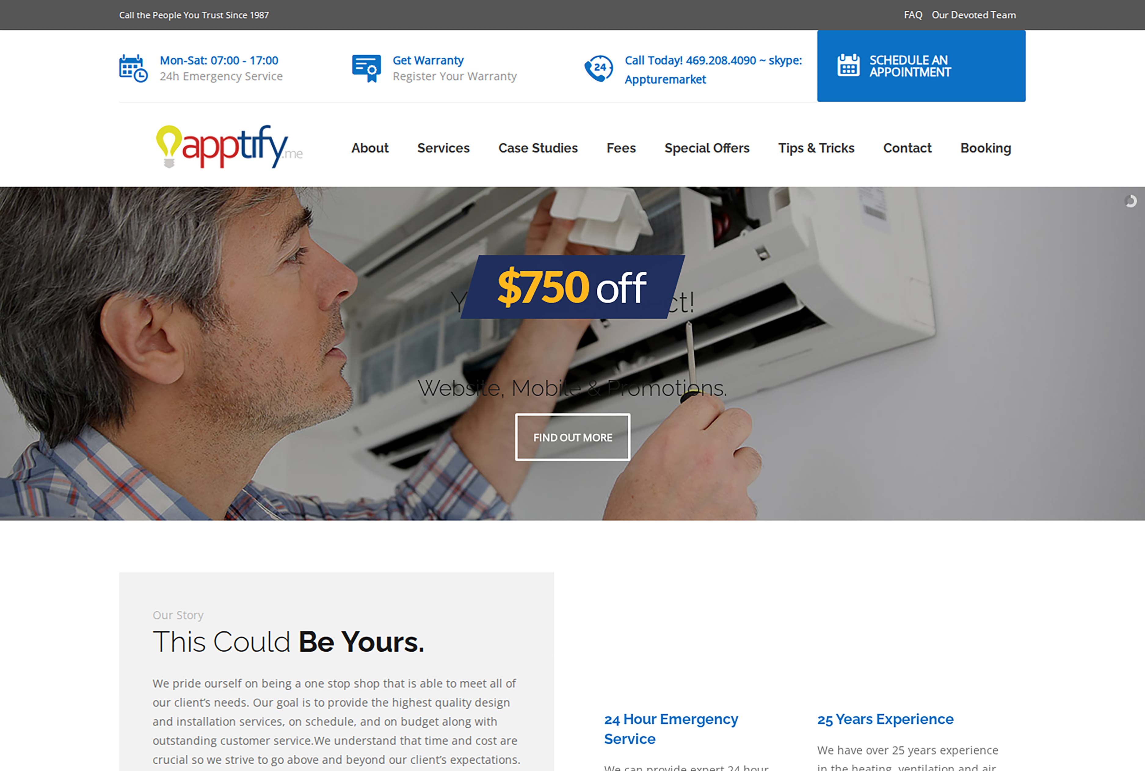 Apptify.Me HVAC website homepage