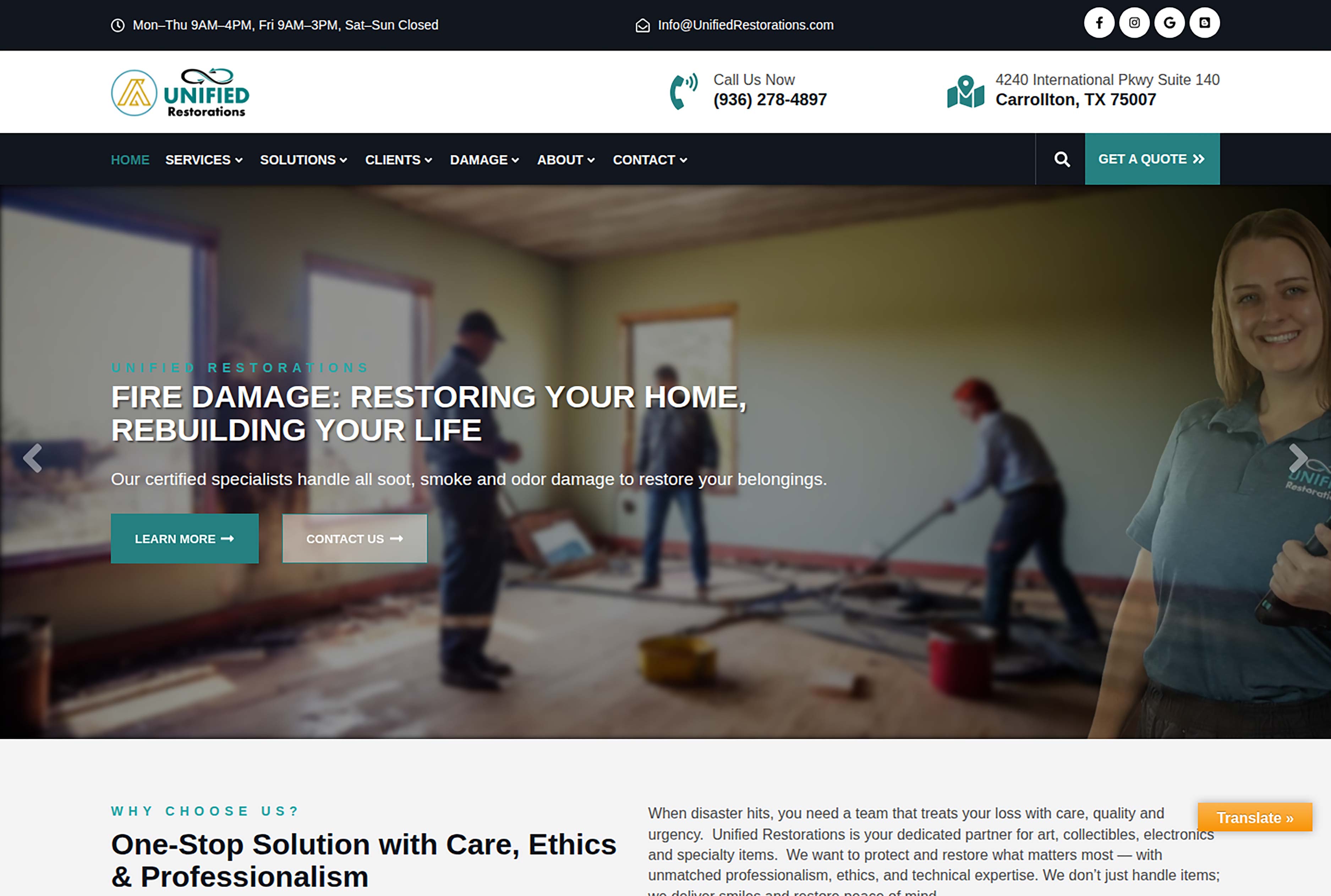 Unified Restorations website homepage